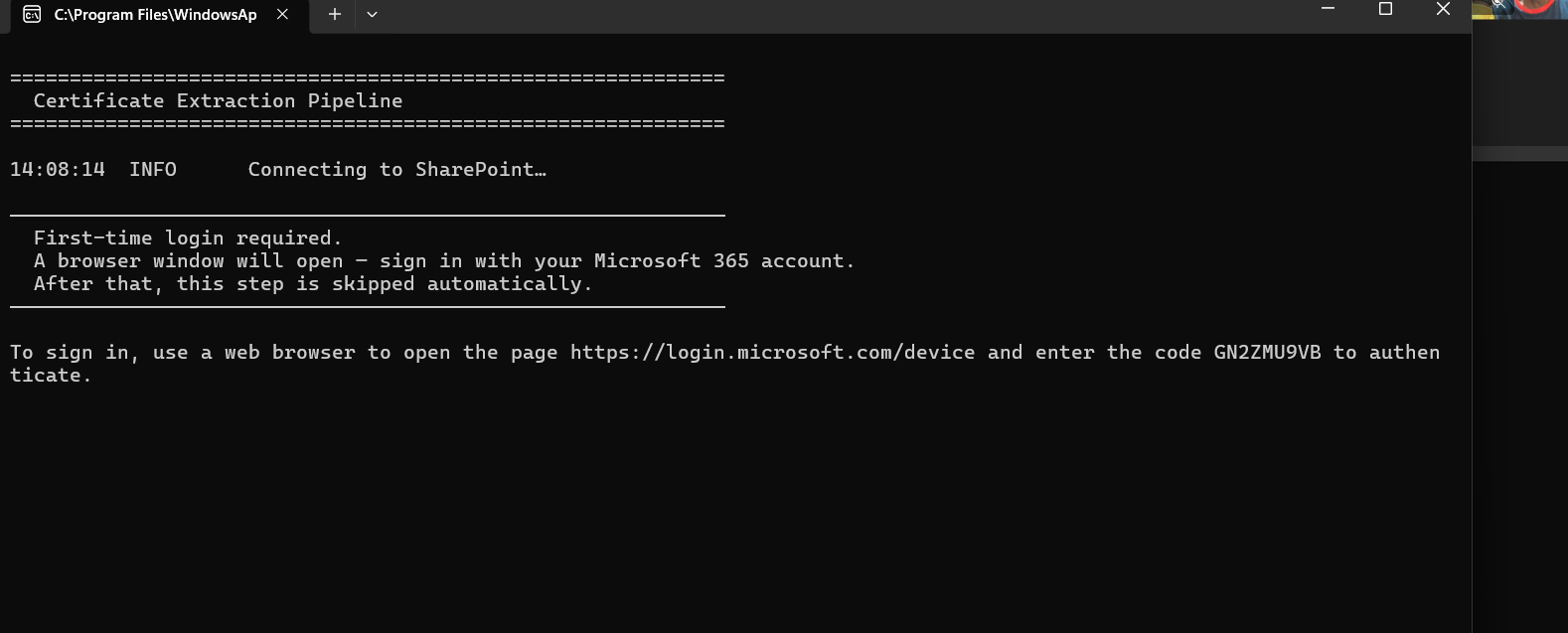 Terminal screenshot of the certificate processing pipeline running live